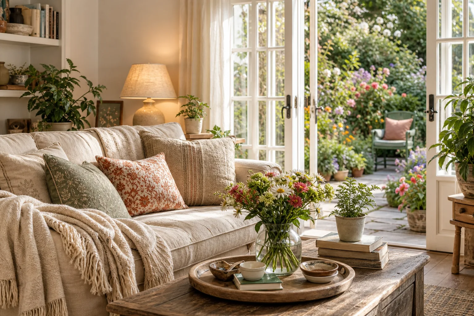 Bright lived-in living room opening onto a colorful cottage garden.