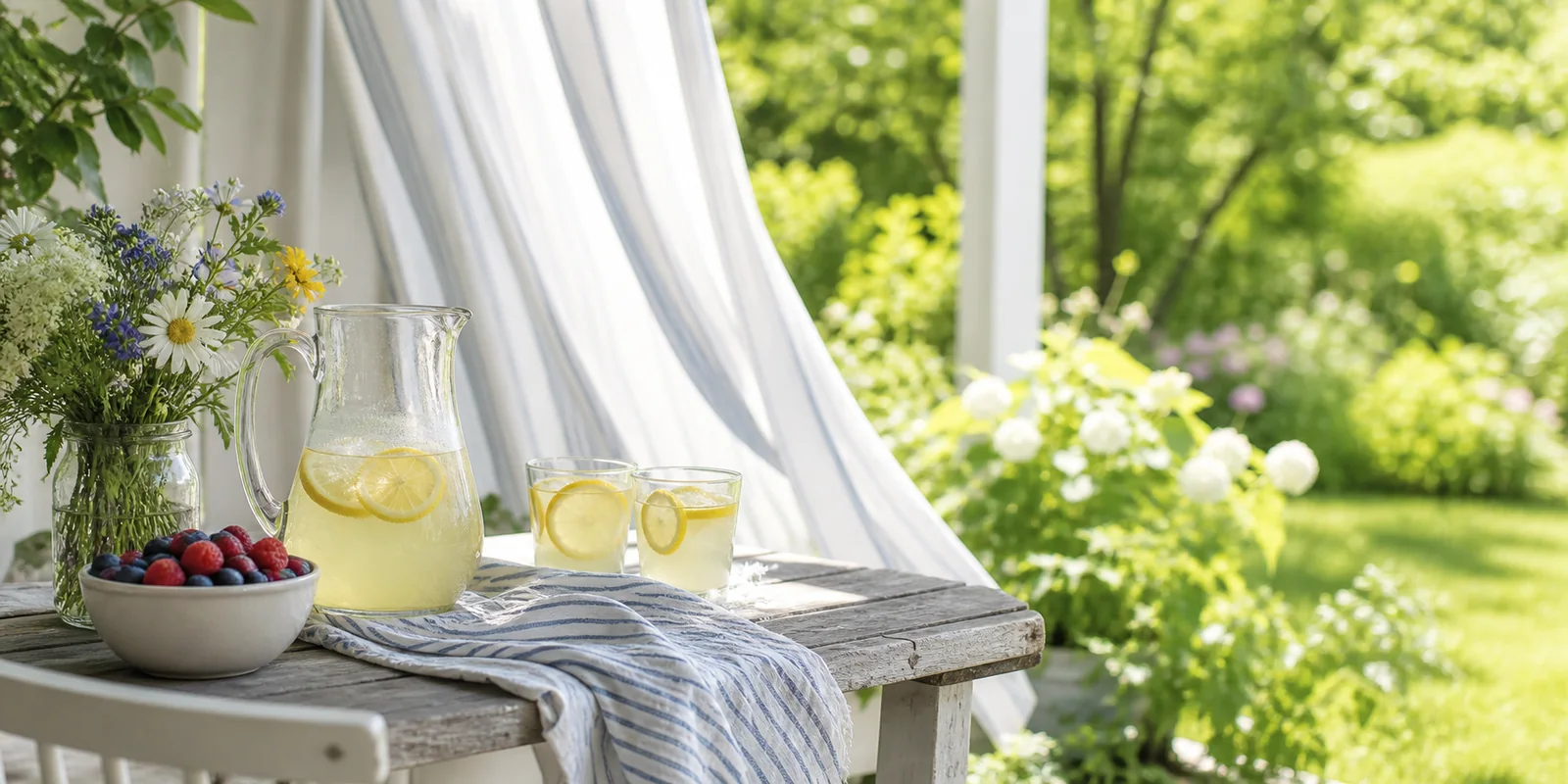 Lemonade, berries, and summer flowers on an airy garden veranda.