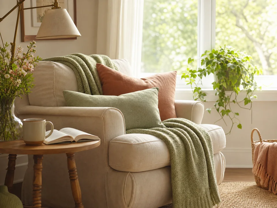 Bright reading chair with layered sage and terracotta textiles beside a window.