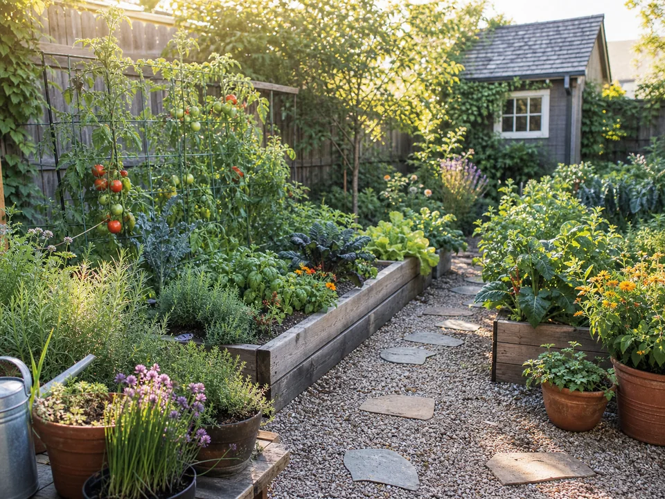 Raised beds with tomatoes, herbs, vegetables, and flowers in a sunny kitchen garden.