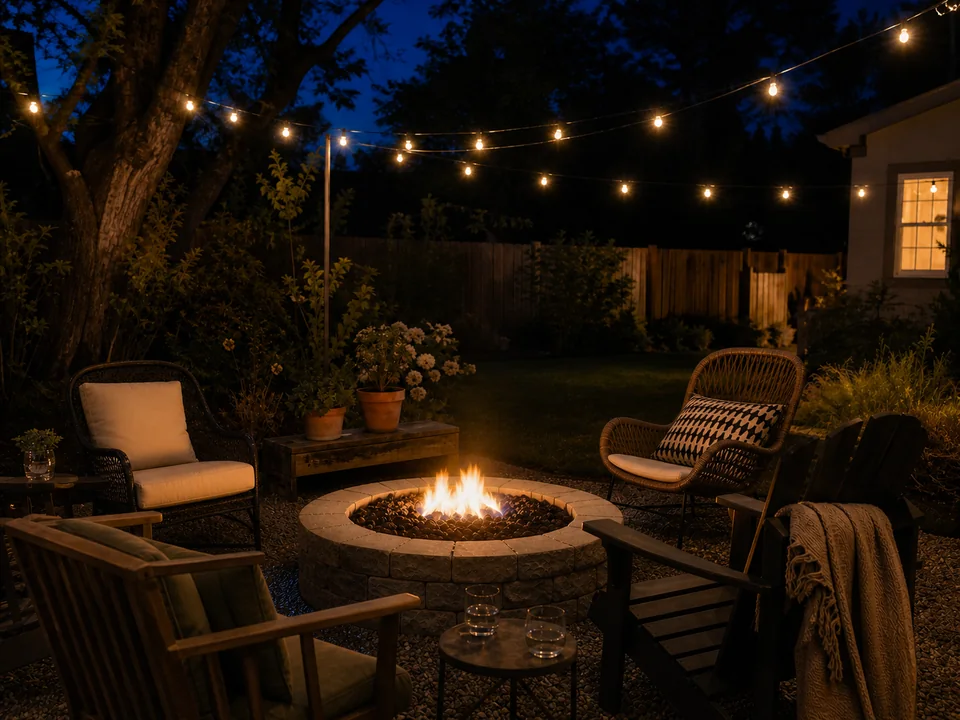 Fire pit and conversation chairs beneath string lights at deep-blue dusk.