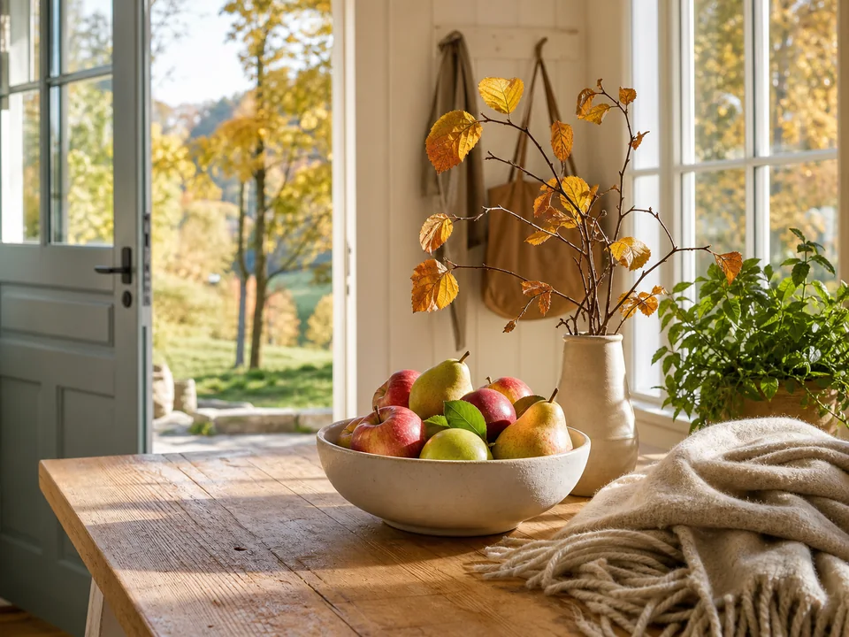 Apples, pears, autumn leaves, and a soft throw in a sunlit entry.